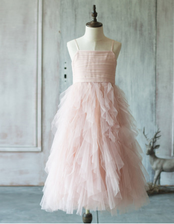 Inexpensive Couture Spaghetti Straps Long Ruffle Skirt Tulle Flower Girl Dresses