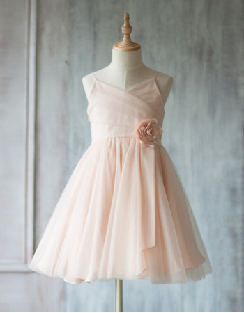 Inexpensive A-Line Spaghetti Straps Short Ruching Tulle Flower Girl Dresses with Hand-made Flowers