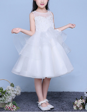 Pretty Cute Ball Gown Illusion Neckline Sleeveless Knee Length Organza Flower Girl Dresses with Open Back
