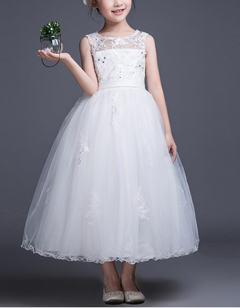Affordable Ball Gown Illusion Neckline Sleeveless Tea Length Tulle Flower Girl Dresses with Beaded Appliques