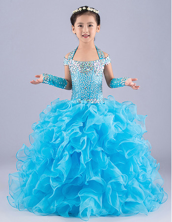 Gorgeous Ball Gown Halter Long Ruffled Tiered Flower Girl Dresses/ Luxury Crystal Rhinestone Girls Party Dresses