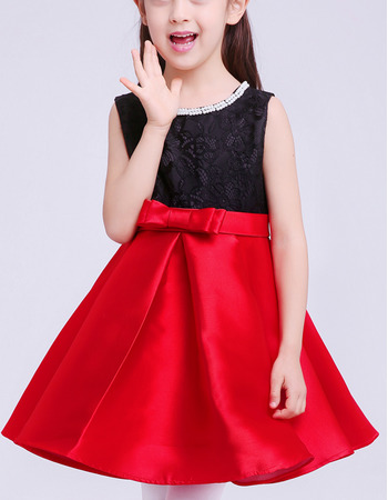 Simple Discount Two Tone A-Line Sleeveless Short Lace & Satin Flower Girl Dresses with Pleated Skirt