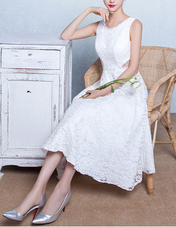 Discount A-Line Sleeveless Tea Length Lace Wedding Dresses with Cutout Waist