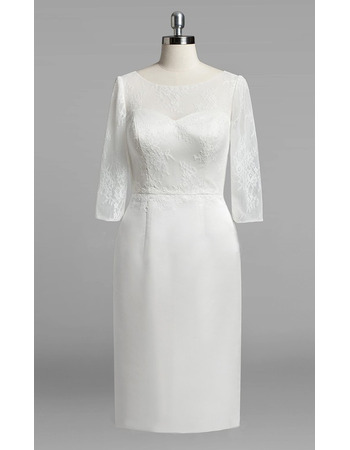 Simple Knee Length Satin Wedding Dresses with Lace Bodice and Half Sleeves
