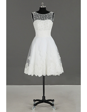 Pretty Illusion Neckline Knee Length Tulle Wedding Dresses with Beaded Bodice and Appliques Hem