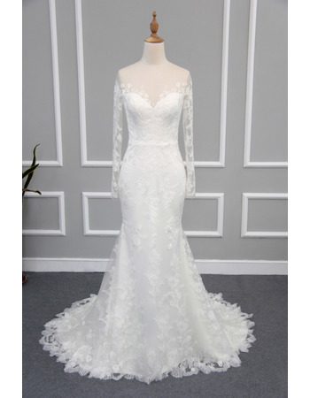 Sexy Sheath Illusion Neckline Lace Wedding Dresses with Long Sleeves