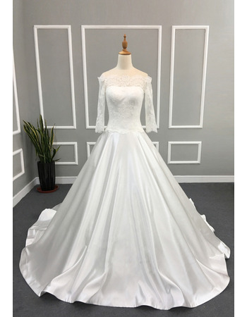 Elegant Appliques Ball Gown Off-the-shoulder Satin Wedding Dresses with 3/4 Long Length Sleeves