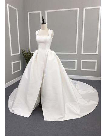 Simple Ball Gown Square Neck Satin Wedding Dresses with Split Front and Keyhole Back
