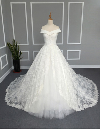 Princess Ball Gown Off-the-shoulder Lace Over Tulle Wedding Dresses