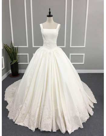 Princess Ball Gown Square Neck Court Train Satin Wedding Dresses with Appliques