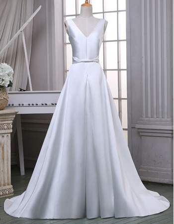Custom Simple A-Line Double V-Neck Sleeveless Satin Wedding Dresses