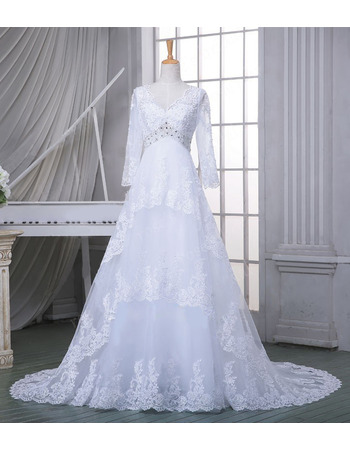 Beautiful V-Neck Court Train Tulle Over Satin Wedding Dresses with Long Sleeves