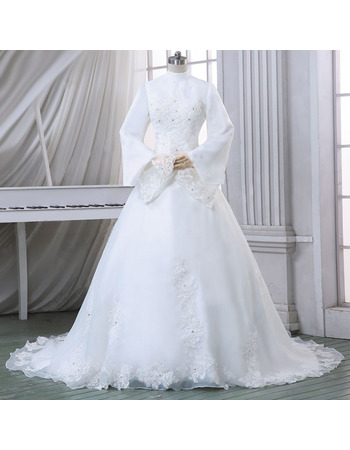 Vintage Beaded Appliques High-Neck Satin Organza Winter Wedding Dresses with Long Sleeves