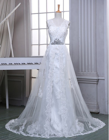 Elegantly V-Neck Tulle Wedding Dresses with Beaded Appliques and Overlay Skirt