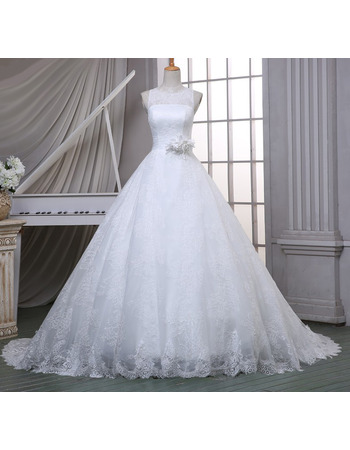 Graceful Ball Gown Illusion Neckline Court Train Lace Wedding Dresses