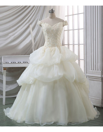 Gorgeous Beading Appliques Ball Gown Off-the-shoulder Organza Wedding Dress with Pick-up Skirt