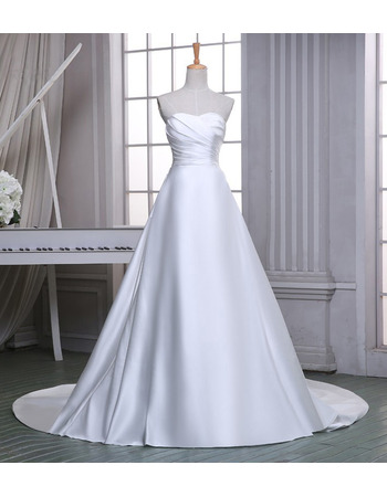 Simple A-Line Sweetheart Court Train Satin Wedding Dresses with Ruched Bodice