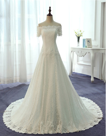 Elegant Off-the-shoulder Lace Wedding Dresses with Short Sleeves