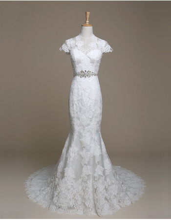 Elegant Sheath Lace Appliques Wedding Dresses with Cap Sleeves