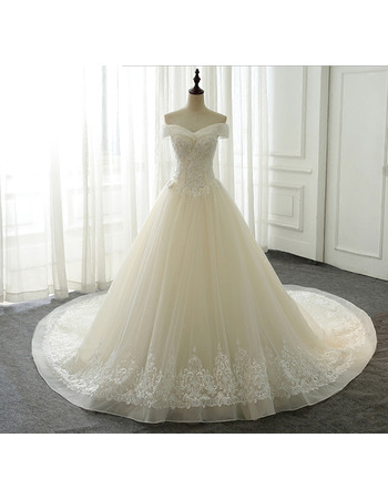 Gorgeous Floral Applique Off-the-shoulder Organza Wedding Dresses with Crystal Beaded Detail
