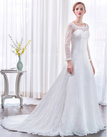 Elegance Court Train Lace Wedding Dresses with Long Illusion Sleeves
