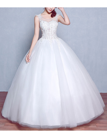 Attractive Ball Gown Tulle Wedding Dresses with Appliques Beaded Illusion Bodice