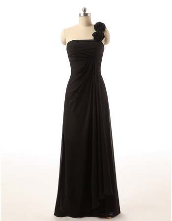 Custom One Shoulder Floor Length Chiffon Black Bridesmaid Dresses