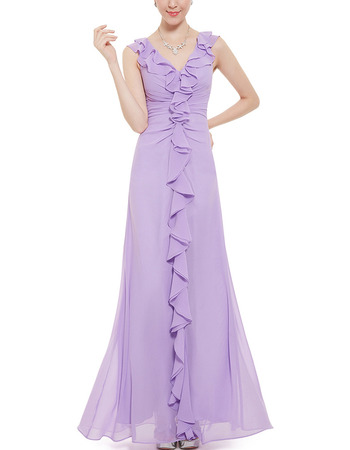 Custom V-Neck Sleeveless Floor Length Chiffon Ruffle Bridesmaid Dress