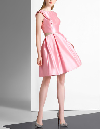 Glamour A-Line Sleeveless Pleated Skirt Short Satin Cocktail Party Dresses with Cut Out Waist