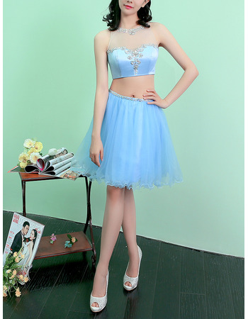 Modest Crystal Beaded Illusion Neckline Short Two-Piece Homecoming/ Dresses with Keyhole Back