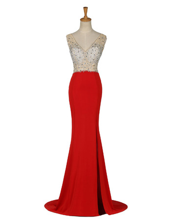 Sparkle & Shine Crystal Embellished Bodice Evening Dress with Thigh-high Skirt Slit