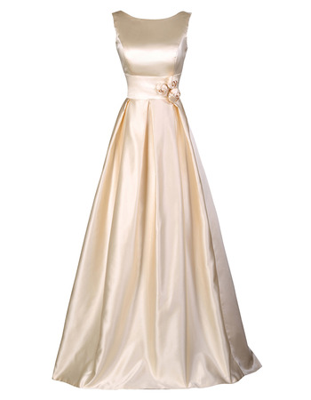 Simple A-Line Pleated Satin Evening/ Prom Dresses with Plunging Scoop Back