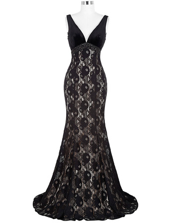 Style Floor Length V-Neck Lace Black Evening/ Prom/ Party Dresses