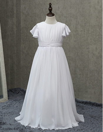 Inexpensive Pleated Chiffon First Communion Dresses with Flutter Sleeves/ Simple A-Line Round Flower Girl Dresses