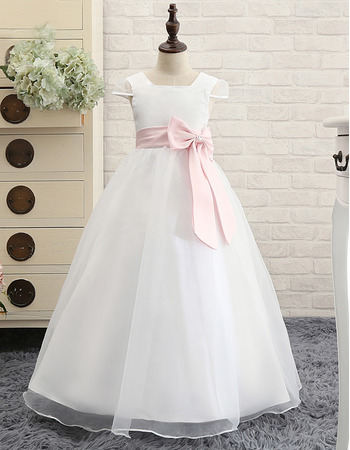 Catholic Square Neck Long Length First Communion Dress with Cap Sleeves/ Simple Flower Girl Dresses with Satin Waistband