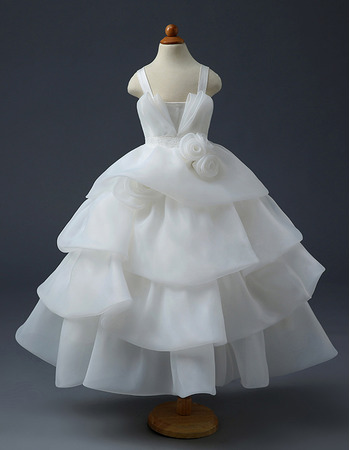 Classy Tea Length Satin Organza Layered Skirt First Communion Dresses/ Exquisitely layered Flower Girl Dresses with Rose