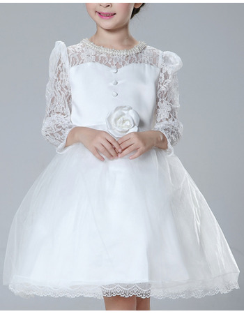 Beautiful Ball Gown Beaded Scoop Neck Short First Communion Dresses with Puff Sleeves/ Discount Lace Satin Flower Girl Dresses