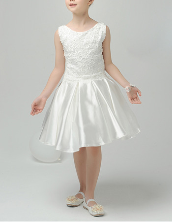 Perfect A-Line Sleeveless Short Satin Appliques First Communion Dresses/ Lovely Tulle Back Flower Girl Dresses