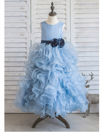 Pretty Long Ruffle Skirt Organza Little Girls Party Dresses with Belts and Handmade Flowers