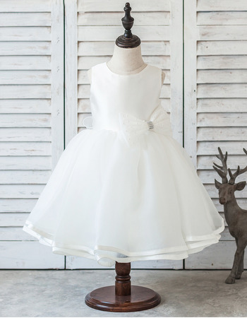 Cute Ivory Ball Gown Tea Length Organza Flower Girl/ First Communion Dresses with Beaded Bows