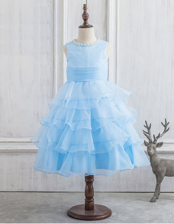 Pretty Ball Gown Tea Length Organza Layered Skirt Flower Girl Dresses with Beaded Neckline