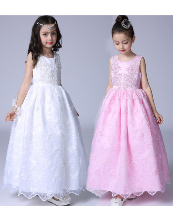 Beautiful Ball Gown Ankle Length Beaded Appliques Lace White Flower Girl Dresses/ First Communion Dresses
