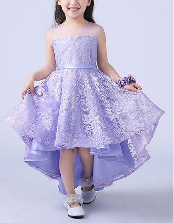 Affordable A-Line Round Neckline High-Low Asymmetric Hem Lace Flower Girl Dresses with Illusion Back