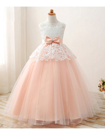 Stunning Ball Gown Long Lace Appliques Tulle Satin Little Girls Party Dresses with Crystal Detailing