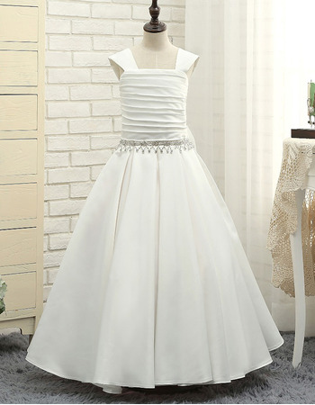 Discount A-Line Square Neck Long Satin Flower Girl/ Ruched Bodice First Communion Dresses with Beaded Waist