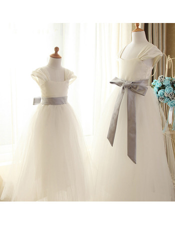 Discount Simple A-Line Square Neck Long Length Satin Flower Girl/ First Communion Dresses with Sashes