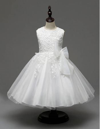 Cute Affordable Ball Gown Tea Length White First Communion Flower Girl Dresses with Lace Bodice
