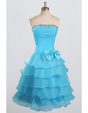 Pretty Beaded Strapless Knee Length Organza Homecoming Dresses with Layered Skirt