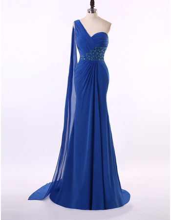 Sexy Sheath One Shoulder Pleated Chiffon Evening Dresses with Beading Crystal Detail