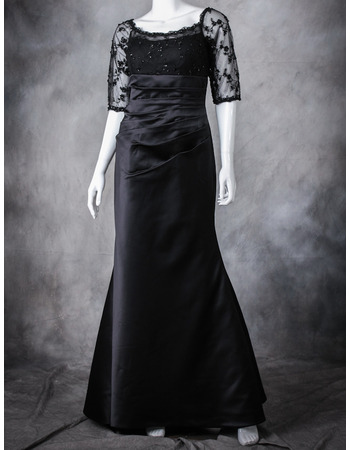 Discount Full Length Asymmetrical Pleated Satin Lace Black Mother of The Bride Dresses with Half Sleeves